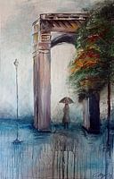 Abstrait Acrylique Porte Femme Parapluie Pluie Arbre Humeur