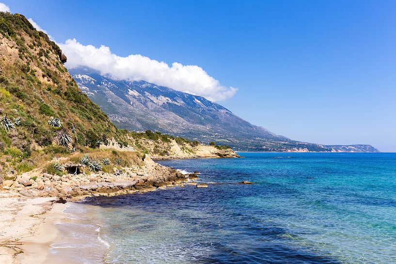 Mountain landscape at coast  with blue ocean in Kefalonia Greece by Ben Schonewille