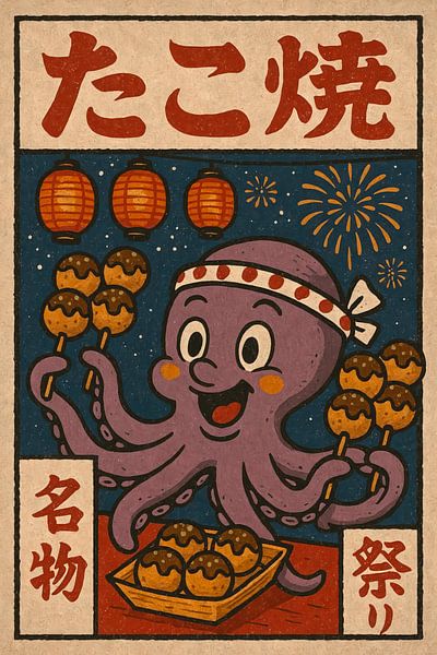 Festival de Takoyaki avec une pieuvre joyeuse - Illustration rétro japonaise par Jordan Fenix Gallery