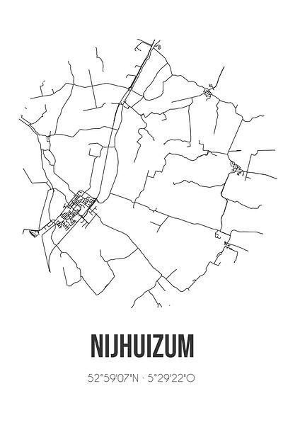 Nijhuizum (Fryslan) | Karte | Schwarz und Weiß von Ortsdrucke