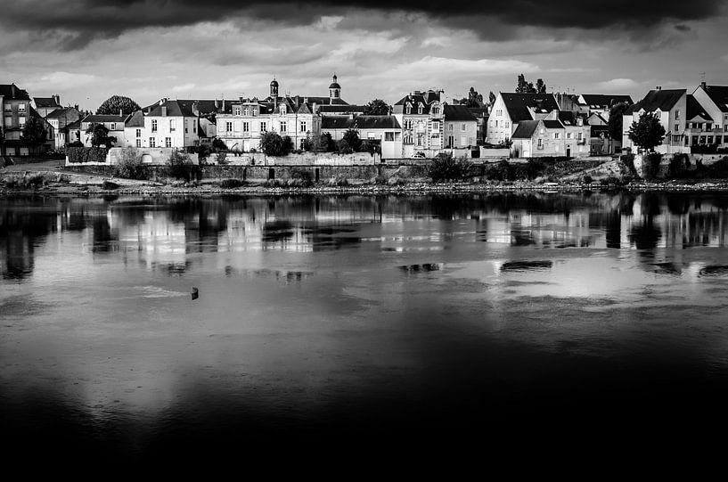 Houses on the banks of the Loire in Saumur in France in black and white by Dieter Walther
