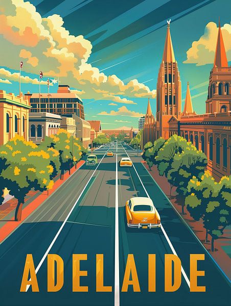 Rues ensoleillées d'Adélaïde : Affiche classique d'une ville australienne par Travel Shop