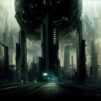 schwarze Illustration einer Fantasiestadt