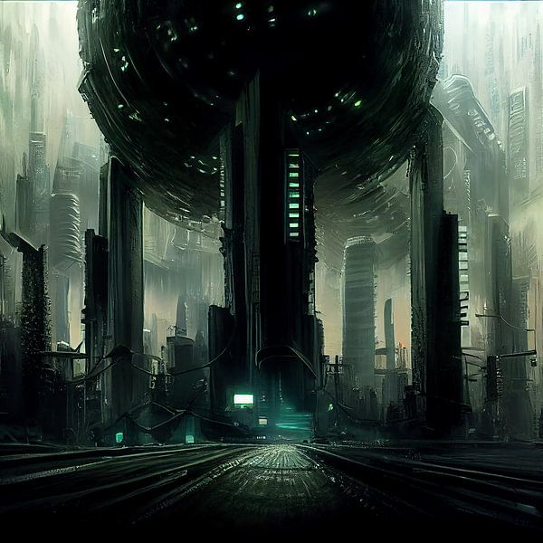 illustration noire d'une ville fantastique par Rando Fermando