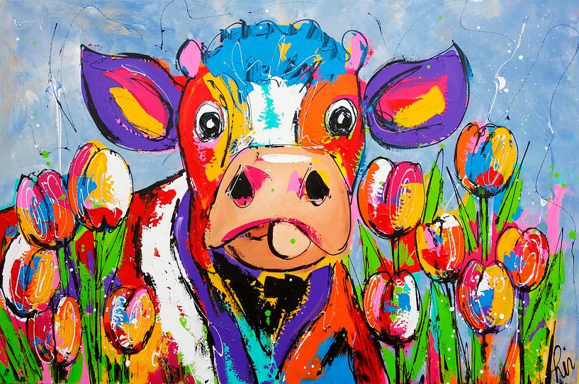Kuh im Tulpenfeld von Vrolijk Schilderij