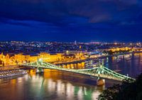 Panorama du soir de Budapest avec le Danube et le Pont de la Liberté au premier plan