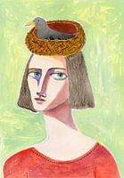 Bird Lady naive Kunst Porträt der Frau, figurative Kunst, Frau,