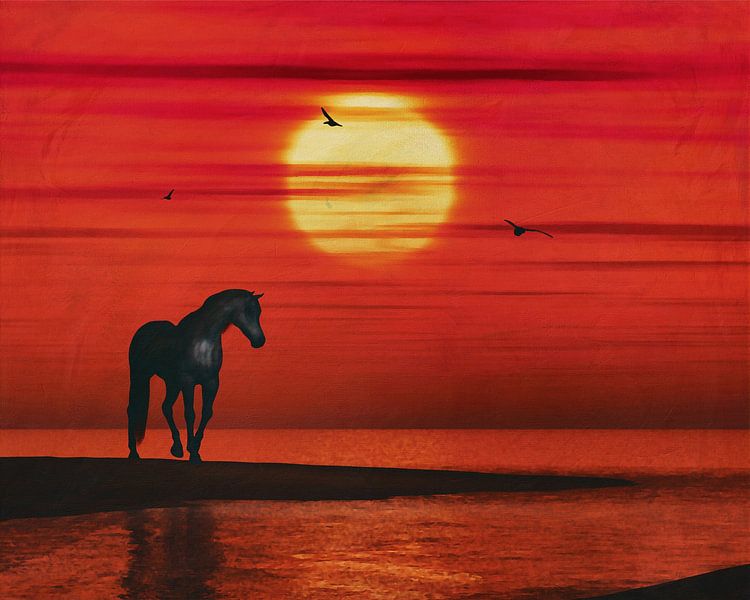 Un cheval regardant le coucher de soleil sur la mer par Jan Keteleer