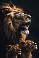 A father lion with two cubs