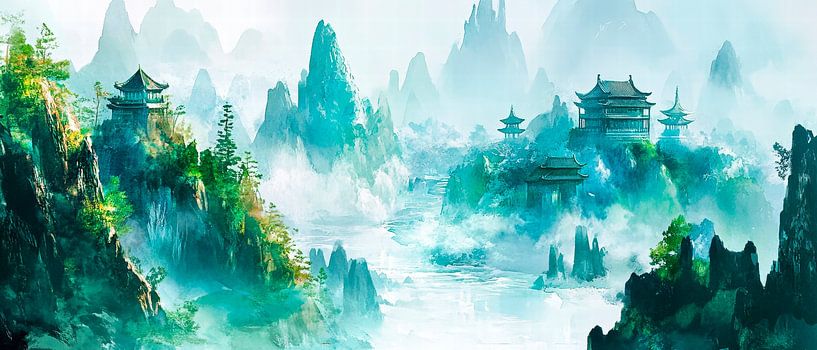 Mystische Berglandschaft mit Tempel von Poster Art Shop