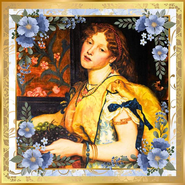 S.F. Blue Flowers Remastered Version of A Girl Carrying Grapes by Valentine Cameron Prinsep by Silver Fox Art Decor