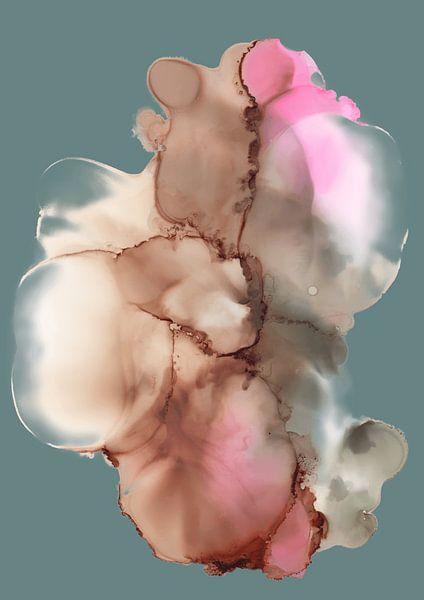 Buntes, modernes, abstraktes Aquarell in Rosa- und Brauntönen vor grün-grauem Hintergrund von Studio Allee