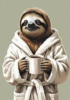 Faultier am Morgen mit Kaffeetasse