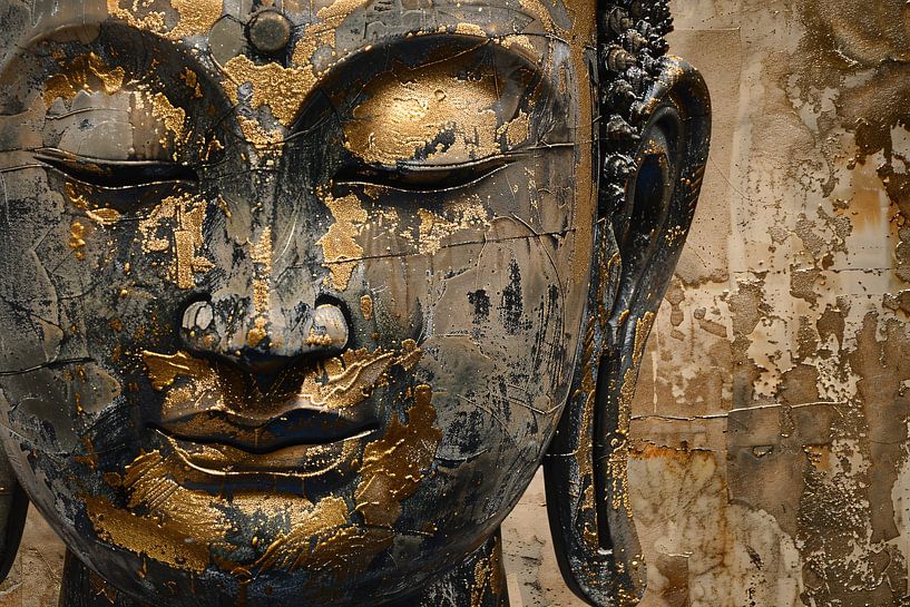 Gilded Buddha on weathered background in golden keys by Art & Soul Creations