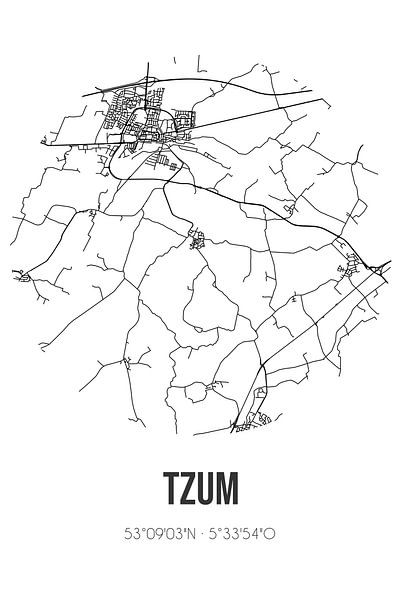 Tzum (Fryslan) | Karte | Schwarz und Weiß von Ortsdrucke
