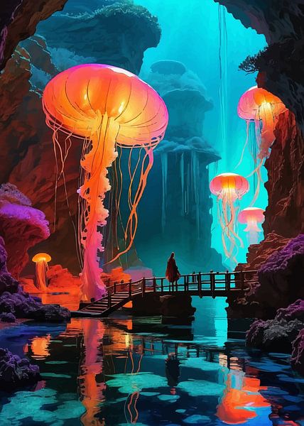 A Person Standing on a Bridge with Jelly Fish by MIROKKU