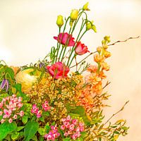 Detail of colourful bouquet of flowers in a warm, retro atmosphere