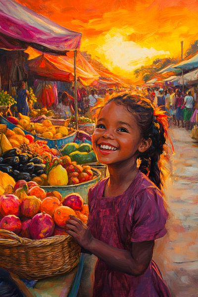 Fröhliches Mädchen im Markt bei Sonnenuntergang von Poster Art Shop