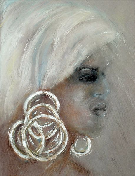 African woman with silver earrings. Hand-painted with pastel chalk. by Ineke de Rijk