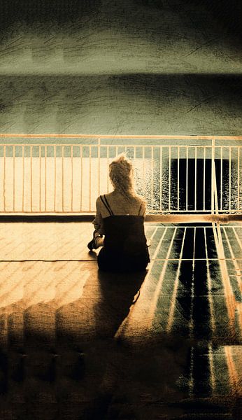 Femme sur la terrasse au coucher du soleil par Mieneke Andeweg-van Rijn