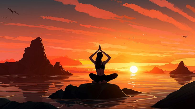 Silhouette of a woman doing yoga on the beach at sunset by Animaflora PicsStock