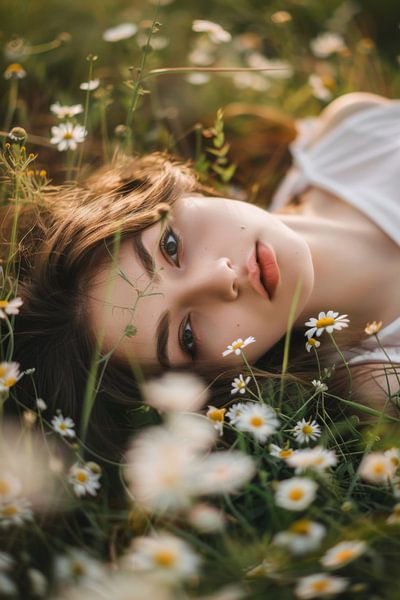 Träumende Schönheit im Blumenfeld von Poster Art Shop