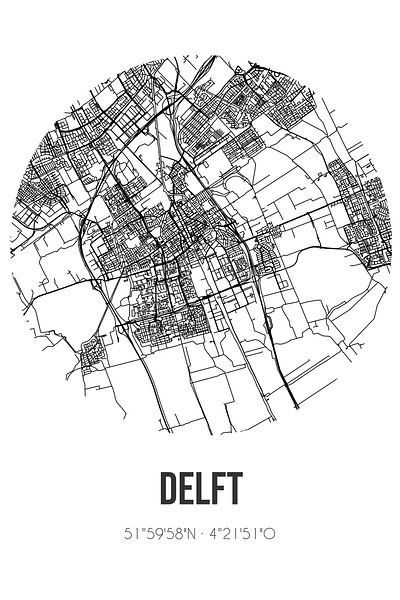 Delft (South-Holland) | Map | Black and white by Prints of Place