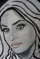 Gesicht der Frau - schwarz-weiße Malerei - blaue Augen