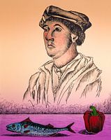 Mann mit Fisch und Paprika