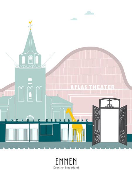 Skyline-Illustration der Stadt Emmen in Farbe von Mevrouw Emmer