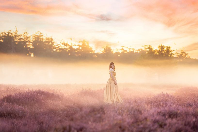 Femme en robe de fée sur des landes violettes par Marloes van Antwerpen
