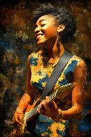 Femme avec une guitare dans la lumière chaude du soleil