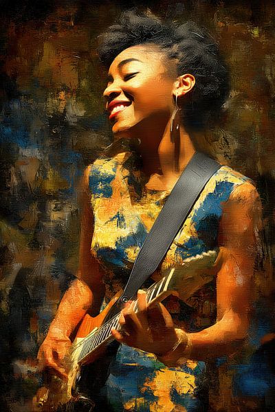 Frau mit Gitarre im warmen Sonnenlicht von Steinfox Art