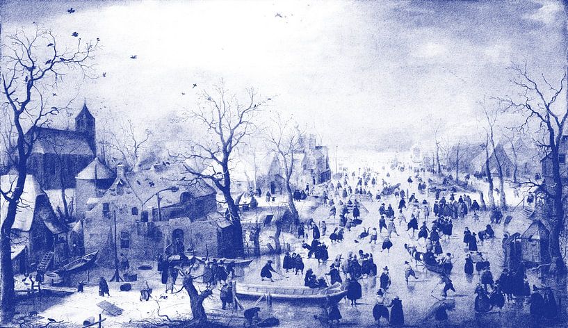 Paysage d'hiver avec patineurs, illustration en bleu Delft par Yanuschka | Fotografie Noordwijk