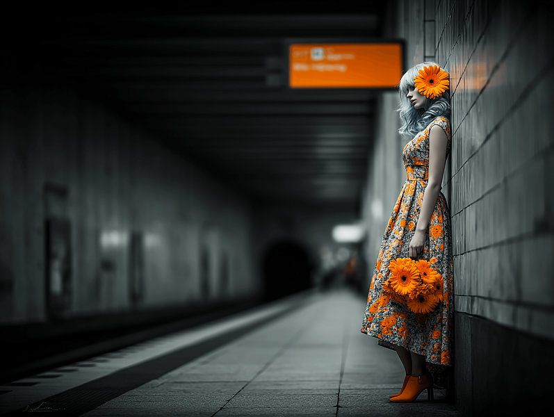 Waiting in Bloom | surreales Modeporträt mit orangefarbenen Akzenten von Karina Brouwer