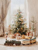 Vintage-Weihnachtsbaum mit Spielzeugeisenbahn und Geschenken im warmen Malstil