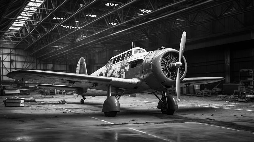 A black and white photo of an old vintage aeroplane in the hangar, art design by Animaflora PicsStock