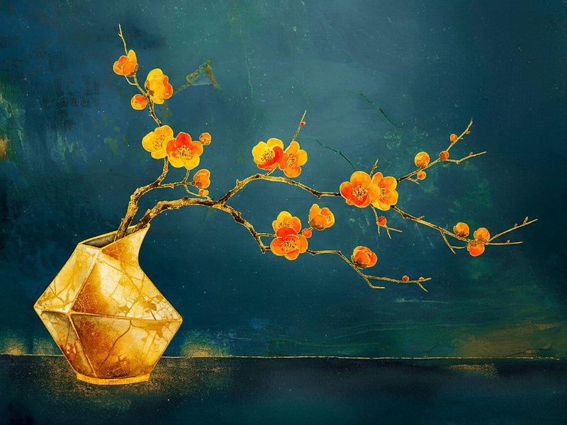 Exklusives Japanisches Stillleben: Khakifarbene Blütenzweige auf goldener Vase von Studio Pieternel