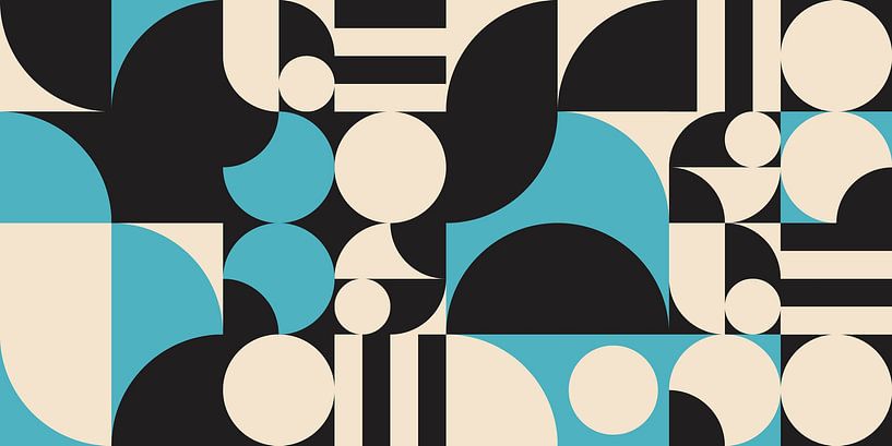 Retro-Geometrie mit Kreisen und Streifen in Schwarz, Weiß und Blau. von Dina Dankers