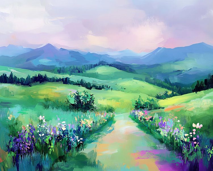 Green Hill Landscape | Dawnlight Journey von Abstraktes Gemälde