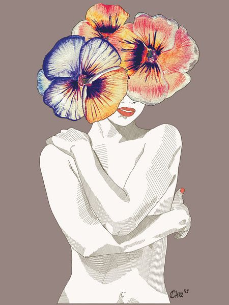 Serenity in Pansies - Beruhigende Nude Aquarell Kunst, Feminine Wandkunst von Chrz - AquaPixelFusion