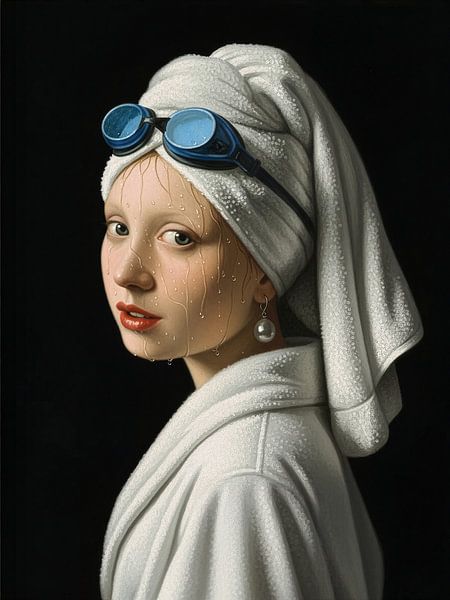 Fille avec une boucle d'oreille en perle dans la piscine par Ingrid van der Meer