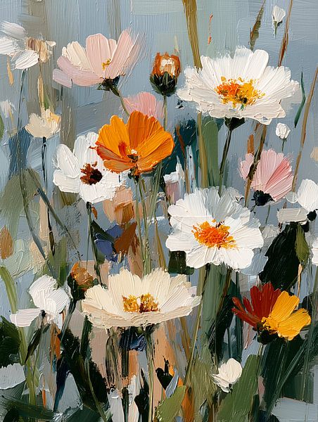 Bouquet of field flowers against light blue background by Lina van Oers