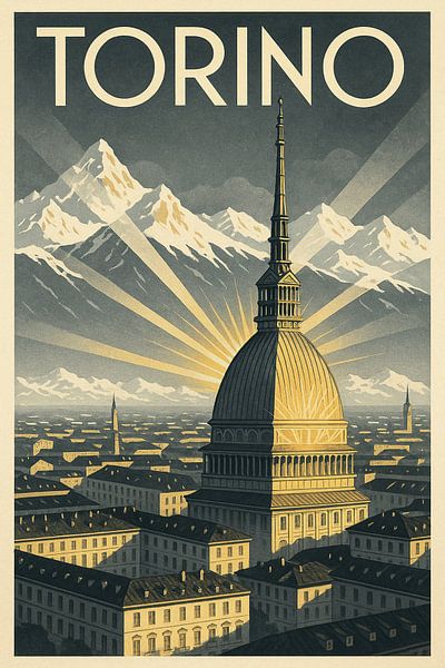 Torino Art Deco Poster – Mole Antonelliana &amp; Alps by Travel Shop