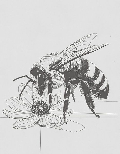 Minimal art - line drawing bee and flower 02 by Emiel de Lange