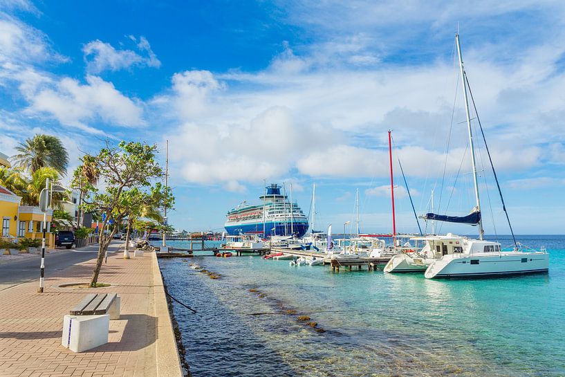 Boulevard on Bonaire with cruise ship and boats at sea by Ben Schonewille