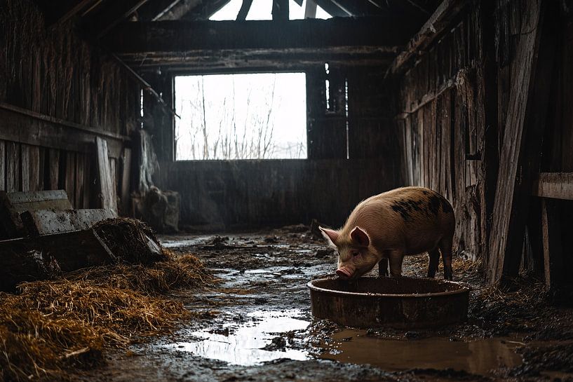Cochon solitaire dans une vieille grange par Art & Soul Creations