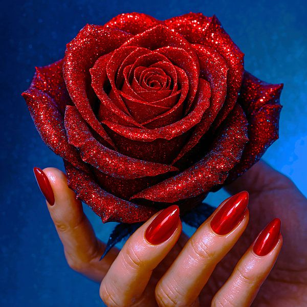 Rose rouge scintillante avec ongles assortis par A.D. Digital ART