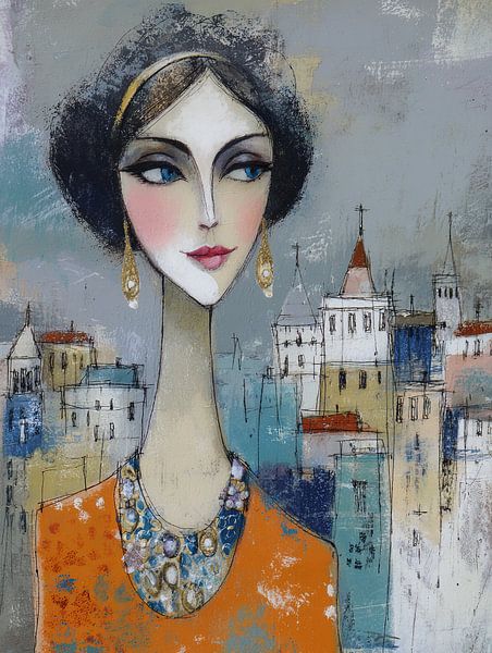 Woman with jewellery and city by Abstract Painting