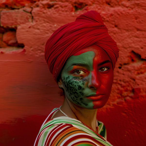 Femme puissante au visage peint en rouge et vert par Glitzy Fusion Frames